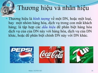 Thương hiệu và nhãn hiệu Thương hiệu là  hình tượng   về một DN, hoặc một loại, hay  một nhóm hàng hóa, dịch vụ trong con mắt khách hàng; là tập hợp các  dấu hiệu   để phân biệt hàng hóa dịch vụ của của DN này với hàng hóa, dịch vụ của DN khác, hoặc để phân biệt chính DN này với DN khác. Nhóm 1 KTNN 52C 