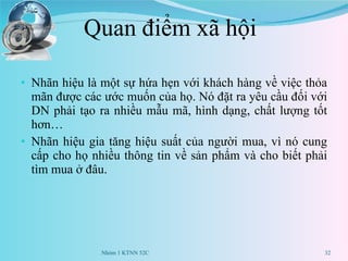 Quan điểm xã hội Nhãn hiệu là một sự hứa hẹn với khách hàng về việc thỏa mãn được các ước muốn của họ. Nó đặt ra yêu cầu đối với DN phải tạo ra nhiều mẫu mã, hình dạng, chất lượng tốt hơn… Nhãn hiệu gia tăng hiệu suất của người mua, vì nó cung cấp cho họ nhiều thông tin về sản phẩm và cho biết phải tìm mua ở đâu. Nhóm 1 KTNN 52C 