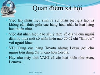 Quan điểm xã hội Việc lập nhãn hiệu sinh ra sự phân biệt giả tạo và không cần thiết giữa các hàng hóa, nhất là loại hàng hóa thuần nhất. Việc đặt nhãn hiệu đào sâu ý thức về địa vị của người dân, họ mua một số nhãn hiệu nào đó để chỉ “làm oai” với người khác. VD: Cùng của hãng Toyota nhưng Lexus gợi cho người tiêu dùng địa vị cao hơn Corola. Hay như máy tính VAIO và các loại khác như Acer, Lenovo… Nhóm 1 KTNN 52C 