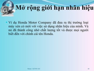 Mở rộng giới hạn nhãn hiệu Ví dụ Honda Motor Company đã đưa ra thị trường loại máy xén cỏ mới với việc sử dụng nhãn hiệu của mình. Và nó đã thành công nhờ chất lượng tốt và được mọi người biết đến với chính cái tên Honda. Nhóm 1 KTNN 52C 