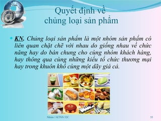 Quyết định về  chủng loại sản phẩm KN .  Chủng loại sản phẩm là một nhóm sản phẩm có liên quan chặt chẽ với nhau do giống nhau về chức năng hay do bán chung cho cùng nhóm khách hàng, hay thông qua cùng những kiểu tổ chức thương mại hay trong khuôn khổ cùng một dãy giá cả. Nhóm 1 KTNN 52C 