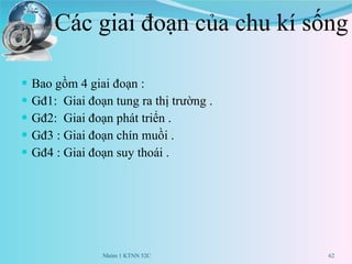 Các giai đoạn của chu kí sống Bao gồm 4 giai đoạn : Gđ1:  Giai đoạn tung ra thị trường . Gđ2:  Giai đoạn phát triển . Gđ3 : Giai đoạn chín muồi . Gđ4 : Giai đoạn suy thoái . Nhóm 1 KTNN 52C 