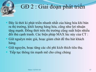 GĐ 2 : Giai đoạn phát triển Đây là thời kì phát triển nhanh nhất của hàng hóa khi bán ra thị trường, khối lượng hàng hóa, cũng như lợi nhuận tăng mạnh. Đồng thời trên thị trường cũng suất hiện nhiều đối thủ cạnh tranh. Các biện pháp MAX lúc này của CT : Giữ nguêyn mức giá, hoạc giảm chút để thu hút khách hàng. Giữ nguyên, hoạc tăng các chi phí kích thích tiêu thụ. Tiếp tục thông tin mạnh mẽ cho công chúng Nhóm 1 KTNN 52C 