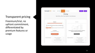 Freemium/trial, no
upfront commitment,
differentiated by
premium features or
usage
10
Transparent pricing
 