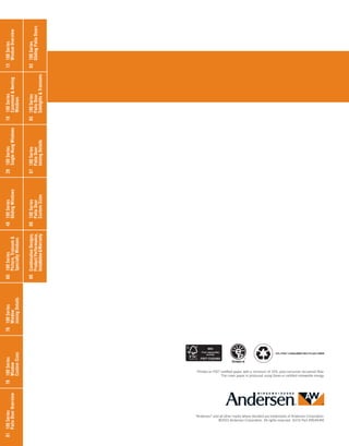 Printed on FSC®
certiﬁed paper, with a minimum of 10% post-consumer recovered ﬁber.
The cover paper is produced using Green-e certiﬁed renewable energy.
60100Series
Picture,Transom&
SpecialtyWindows
78100Series
Window
CustomSizes
81100Series
PatioDoorOverview
76100Series
Window
JoiningDetails
48100Series
GlidingWindows
28100Series
Single-HungWindows
18100Series
Casement&Awning
Windows
15100Series
WindowOverview
83100Series
GlidingPatioDoors
85100Series
PatioDoor
Sidelights&Transoms
87100Series
PatioDoor
JoiningDetails
88100Series
PatioDoor
CustomSizes
89CombinationDesigns,
ProductPerformance,
Installation&Warranty
“Andersen” and all other marks where denoted are trademarks of Andersen Corporation.
©2015 Andersen Corporation. All rights reserved. 10/15 Part #9045491
10% POST CONSUMER RECYCLED FIBER
 