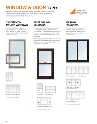 1212
CUSTOM SIZES
GLIDING
WINDOWS
These windows have one stationary
sash and one that opens. A three-
sash conﬁguration, where two sash
glide past a ﬁxed center sash,
is also available.
CASEMENT &
AWNING WINDOWS
Casement windows are hinged and
open outward to the left or right, while
awning windows are hinged at the top
and open outward. Both are also available
in stationary versions.
Picture with Flanking Casements
More combination options available.
Twin Casement
Building an energy-efﬁcient home doesn’t mean you have to compromise.
Andersen®
100 Series windows and doors come in styles, shapes and
custom sizes to create the look you want.
Available in custom
sizes to ﬁt all projects,
including replacement.
Gliding - OX
(stationary-active)
Gliding - XO
(active-stationary)
Gliding - XOX 1:1:1 Sash Ratio
(active-stationary-active)
Gliding - XOX 1:2:1 Sash Ratio
(active-stationary-active)
More combination options available.
SINGLE-HUNG
WINDOWS
This style features a stationary upper sash with
a movable lower sash that allows ventilation.
For convenience, the hardware locks automatically
when the window is closed. An arch style is also
available to add architectural interest and greater
curb appeal.
Single-hung drywall windows (also known as drywall
pass-through windows) feature a removable upper
sash which makes it easier to get drywall to the
upper ﬂoors of your project.
Arch Single-Hung Twin Single-Hung
Picture with Flanking Single-Hungs
More combination options available.
WINDOW & DOOR TYPES
 
