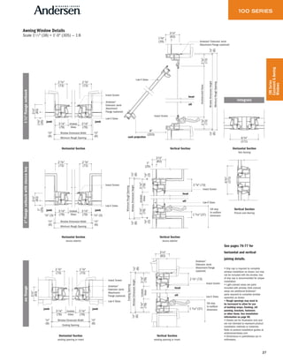 27
100Series
Casement&Awning
Windows
Awning Window Details
Scale 11 ⁄2" (38) = 1'-0" (305) — 1:8
Vertical Section
Vertical Section
stucco exterior
Vertical Section
existing opening or insert
See pages 76-77 for
horizontal and vertical
joining details.
• Drip cap is required to complete
window installation as shown, but may
not be included with the window. Use
of drip cap is recommended for proper
installation.
• Light-colored areas are parts
included with window. Dark-colored
areas are additional Andersen®
parts required to complete window
assembly as shown.
• Rough openings may need to
be increased to allow for use
of building wraps, flashing, sill
panning, brackets, fasteners
or other items. See installation
information on page 98.
• Details are for illustration only and
are not intended to represent product
installation methods or materials.
Refer to product installation guides at
andersenwindows.com.
• Dimensions in parentheses are in
millimeters.
Horizontal Section
stucco exterior
Horizontal Section
existing opening or insert
Horizontal Section Horizontal Section
Twin Awning
Vertical Section
Picture over Awning
Low-E Glass
Insect Screen
(79)(79)
31⁄8"
Window Dimension Width
Minimum Rough Opening
31⁄8" Unobstr.
Glass
13⁄8"
(35)
31⁄4"
(83)
1⁄4"
(6)
1⁄4"
(6)
jambjamb
Andersen®
Extension Jamb
Attachment
Flange (optional)
27⁄8"
(73)
2 7⁄8"
(73)
(79)(79)
31⁄8"
Window Dimension Width
Minimum Rough Opening
31⁄8" Unobstr.
Glass
1"
(25)
31⁄4"
(83)
1⁄4"
(6)
1⁄8" (3) 1⁄8" (3)
1⁄4"
(6)
Low-E Glass
Insect Screen
jambjamb
27⁄8"
(73)
2 7⁄8"
(73)
63⁄4"
(171)
(79)(79)
31⁄8"
Window Dimension Width
Existing Opening
31⁄8" Unobstr.
Glass
31⁄4"
(83)
1⁄4"
(6)
1⁄4"
(6)
Low-E Glass
Insect Screen
jambjamb
Andersen®
Extension Jamb
Attachment
Flange (optional)
27⁄8"
(73)
2 7⁄8"
(73)
Low-E Glass
Insect Screen
13⁄8"
(35)
31⁄4"
(83)
sash projection
8"
(203)
27⁄8"
(73)
WindowDimensionHeight
MinimumRoughOpening
UnobstructedGlass
1⁄4"
(6)
27⁄8"
(73)
1⁄4"
(6)
sill
head
Andersen®
Extension Jamb
Attachment Flange (optional)
13/8"flangesetback1"flangesetbackwithstuccokeynoflange
integrals
Low-E Glass
Insect Screen
31⁄8"
(79)
WindowDimensionHeight
MinimumRoughOpening
Unobstr.
Glass
1"
(25)
31⁄4"
(83)
1⁄4"
(6)
1⁄8"
(3)
31⁄8"
(79)1⁄8"
(3)
1⁄4"
(6)
sill
head
Sill stop
to subfloor
dimension17⁄16"(37)
27⁄8" (73)
31⁄8"
(79)
WindowDimensionHeight
ExistingOpening
Unobstr.
Glass
1⁄4"
(6)
31⁄8"
(79)
31⁄4"
(83)
1⁄4"
(6)
Low-E Glass
Insect Screen
sill
head
Andersen®
Extension Jamb
Attachment Flange
(optional)
Sill stop
to subfloor
dimension17⁄16"(37)
27⁄8" (73)
63⁄4"
(171)
 