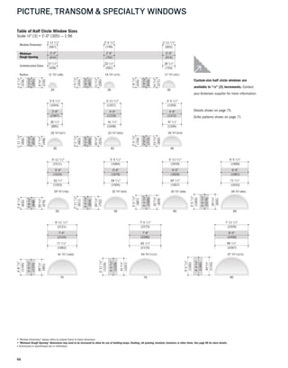 66
PICTURE, TRANSOM & SPECIALTY WINDOWS
20 26 30
36 40
50 56 60 66
70 76 80
46
Window Dimension
Minimum
Rough Opening
Table of Half Circle Window Sizes
Scale 1⁄8" (3) = 1'-0" (305) — 1:96
1'-11 1/2"
2'-0"
17 1/4"
2'-5 1/2"
2'-6"
23 1/4" 29 1/4"
2'-11 1/2"
3'-0"
1'-87/8"
1'-93/8"
145/8"
1'-63/8"
1'-57/8"
115/8"
1'-117/8"
2'-03/8"
175/8"
2'-27/8"
2'-33/8"
205/8"
2'-57/8"
2'-63/8"
235/8"
2'-87/8"
2'-93/8"
265/8"
1'-33/8"
1'-27/8"
85/8"
3'-5 1/2"
3'-6"
35 1/4"
4'-5 1/2"
4'-6"
47 1/4"
53 1/4"
4'-11 1/2"
5'-0"
3'-11 1/2"
4'-0"
41 1/4"
Unobstructed Glass
59 1/4"
5'-5 1/2"
5'-6" 6'-0"
5'-11 1/2"
65 1/4" 71 1/4"
6'-5 1/2"
6'-6"
77 1/4"
6'-11 1/2"
7'-0"
83 1/4"
7'-5 1/2"
7'-6"
89 1/4"
7'-11 1/2"
8'-0"
2'-117/8"
3'-03/8"
295/8"
3'-87/8"
3'-93/8"
385/8"
3'-27/8"
3'-33/8"
325/8"
3'-57/8"
3'-63/8"
355/8"
11 3⁄4"Radius 14 3⁄4" 17 3⁄4"
20 3⁄4" 23 3⁄4" 26 3⁄4"
29 3⁄4" 32 3⁄4" 35 3⁄4" 38 3⁄4"
41 3⁄4" 44 3⁄4"
3'-117/8"
4'-03/8"
415/8"
47 3⁄4"
4'-27/8"
4'-33/8"
445/8"
(749)
(762)
(591)
(597)
(610)
(438)
(902)
(914)
(743)
(683)
(695)
(524)
(759)
(600)
(835)
(848)
(676)
(772)
(454)
(467)
(295)
(530)
(543)
(371)
(606)
(619)
(448)
(378)
(391)
(219)
(1353)
(1200)(1048)(895)
(1524)
(1372)(1219)(1067)
(1511)
(1359)(1207)(1054)
(1664)
(1676)
(1505)
(1816)
(1829)
(1657)
(1969)
(1981)
(1810)
(2121)
(2134)
(1962)
(2273)
(2286)
(2115)
(2426)
(2438)
(2267)
(911)
(924)
(752)
(1140)
(1153)
(981)
(987)
(1000)
(829)
(1064)
(1076)
(905)
(298) (375) (451)
(527) (603) (679)
(756) (832) (908) (984)
(1060) (1137)
(1216)
(1229)
(1057)
(1213)
(1292)
(1305)
(1133)
• "Window Dimension" always refers to outside frame to frame dimension.
• "Minimum Rough Opening" dimensions may need to be increased to allow for use of building wraps, flashing, sill panning, brackets, fasteners or other items. See page 98 for more details.
• Dimensions in parentheses are in millimeters.
Custom-size half circle windows are
available in 1 ⁄8" (3) increments. Contact
your Andersen supplier for more information.
Details shown on page 75.
Grille patterns shown on page 71.
 