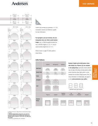 71
100Series
Picture,Transom&
SpecialtyWindows
• "Window Dimension" always refers to outside frame to frame
dimension.
• "Minimum Rough Opening" dimensions may need to be
increased to allow for use of building wraps, flashing, sill
panning, brackets, fasteners or other items. See page 98 for
more details.
• Dimensions in parentheses are in millimeters.
5620 6020
5626 6026
5630 6030
5636 6036
5640 6040
5646 6046
5650 6050
32 3⁄4"
323⁄4"
5'-6"
5'-5 1/2"
59 1/4"
34 3⁄4"
343⁄4"
5'-11 1/2"
6'-0"
65 1/4"
4'-111/4"
4'-81/4"
5'-51/4"
5'-21/4"
5'-111/4"
5'-81/4"
6'-51/4"
6'-21/4"
6'-111/4"
6'-81/4"
7'-51/4"
7'-21/4"
7'-111/4"
7'-81/4"
(832)
(832)
(1664)
(1676)
(1505)
(908)
(1816)
(1829)
(1657)
(908)(1505)
(1429)
(1657)
(1581)
(1810)
(1734)
(1962)
(1886)
(2115)
(2038)
(2267)
(2191)
(2419)
(2343)
Half Circle
Quarter Circle
Circle
Springline™
Arch
Grille Patterns
Colonial Renaissance Sunburst
Prairie A Colonial Colonial Fractional Fractional Victorian
Modified Tall Short
Transom
Picture
Custom Pattern ExamplesSpecified Equal Light Examples
Number of lights and overall pattern varies
with window size. Patterns are not available
in all configurations. Specialty window patterns
may not align with picture window patterns when
joined. Specified equal light pattern is also
available for all shapes except quarter circle. For
more information on divided light, see page 11
or visit andersenwindows.com/grilles.
Custom-size windows are available in 1 ⁄ 8" (3)
increments. Contact your Andersen supplier
for more information.
For Springline™ and arch windows, the size
designation does not reflect overall window
height. (e.g., a 2020 Springline window size
has a shoulder height of 1'-11 1 ⁄ 2" and an
overall window height of 2'-11 1 ⁄4".)
Details shown on page 75. Grille patterns
shown below.
 
