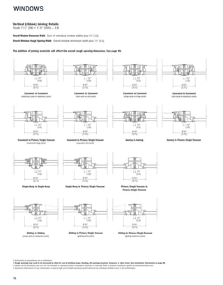 WINDOWS
76
• Dimensions in parentheses are in millimeters.
• Rough openings may need to be increased to allow for use of building wraps, flashing, sill panning, brackets, fasteners or other items. See installation information on page 98.
• Details are for illustration only and are not intended to represent product installation methods or materials. Refer to product installation guides at andersenwindows.com.
• Structural performance of any combination is only as high as the lowest structural performance of any individual window or join in the combination.
Casement to Casement
(lock jamb to lock jamb)
Casement to Casement
(hinge jamb to hinge jamb)
Casement to Casement
(lock jamb to stationary jamb)
Single-Hung to Single-Hung Single-Hung to Picture/Single Transom
Casement to Picture/Single Transom
(casement lock jamb)
Casement to Picture/Single Transom
(casement hinge jamb)
Awning to Awning Awning to Picture/Single Transom
1⁄2"
(13)
(171)
63⁄4"
Overall Window Dimension Width Sum of individual window widths plus 1⁄2" (13).
Overall Minimum Rough Opening Width Overall window dimension width plus 1⁄2" (13).
The addition of joining materials will affect the overall rough opening dimension. See page 98.
Vertical (ribbon) Joining Details
Scale 11 ⁄2" (38) = 1'-0" (305) — 1:8
Gliding to Gliding
(active jamb to stationary jamb)
Gliding to Picture/Single Transom
(gliding stationary jamb)
Picture/Single Transom to
Picture/Single Transom
1⁄2"
(13)
(171)
63⁄4"
1⁄2"
(13)
(171)
63⁄4"
1⁄2"
(13)
(171)
63⁄4"
1⁄2"
(13)
(171)
63⁄4"
1⁄2"
(13)
(171)
63⁄4"
1⁄2"
(13)
(171)
63⁄4"
1⁄2"
(13)
(171)
63⁄4"
1⁄2"
(13)
(171)
6 3⁄4"
Gliding to Picture/Single Transom
(gliding active jamb)
1⁄2"
(13)
(171)
63⁄4"
1⁄2"
(13)
(171)
63⁄4"
Casement to Casement
(stationary jamb to stationary jamb)
1⁄2"
(13)
(171)
63⁄4"
1⁄2"
(13)
(171)
63⁄4"
1⁄2"
(13)
(171)
63⁄4"
 