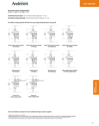 77
100Series
WindowJoiningDetails
1⁄2"
(13)
(171)
63⁄4"
• Dimensions in parentheses are in millimeters.
• Rough openings may need to be increased to allow for use of building wraps, flashing, sill panning, brackets, fasteners or other items. See installation information on page 98.
• Details are for illustration only and are not intended to represent product installation methods or materials. Refer to product installation guides at andersenwindows.com.
• Structural performance of any combination is only as high as the lowest structural performance of any individual window or join in the combination.
Picture/Single Transom/Specialty
over Casement
Casement over
Picture/Single Transom
Overall Window Dimension Height Sum of individual window heights plus 1⁄2" (13).
Overall Minimum Rough Opening Height Overall window dimension height plus 1⁄2" (13).
The addition of joining materials will affect the overall rough opening dimension. See page 98.
Horizontal (stack) Joining Details
Scale 11 ⁄2" (38) = 1'-0" (305) — 1:8
For more information on joining refer to the combination designs section on page 89.
Picture/Single Transom/Specialty
over Picture/Single Transom
1⁄2"
(13)
(171)
63⁄4"
Picture/Single Transom/Specialty
over Awning
Awning over
Picture/Single Transom
Twin Transom over
Twin Casement
Twin Transom over
Twin Awning
Picture/Single Transom/Specialty
over Gliding
Picture/Single Transom/Specialty
over Single-Hung
Twin Transom over
Twin Single-Hung
1⁄2"
(13)
(171)
63⁄4"
1⁄2"
(13)
(171)
63⁄4"
1⁄2"
(13)
(171)
63⁄4"
1⁄2"
(13)
(171)
63⁄4"
1⁄2"
(13)
(171)
63⁄4"
1⁄2"
(13)
(171)
63⁄4"
1⁄2"
(13)
(171)
63⁄4"
1⁄2"
(13)
(171)
63⁄4"
 