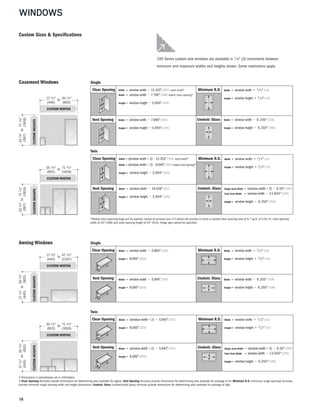 WINDOWS
78
Casement Windows
Custom Sizes & Specifications
100 Series custom-size windows are available in 1 ⁄ 8" (3) increments between
minimum and maximum widths and heights shown. Some restrictions apply.
Awning Windows
CUSTOM WIDTHS
CUSTOMHEIGHTS
17 1⁄2"
(445)
35 1⁄2"
(902)
to
231⁄2"
(597)
711⁄2"
(1816)
to
CUSTOM WIDTHS
CUSTOMHEIGHTS
35 1⁄2"
(902)
71 1⁄2"
(1816)
to
231⁄2"
(597)
711⁄2"
(1816)
to
CUSTOM WIDTHS
CUSTOMHEIGHTS
17 1⁄2"
(445)
47 1⁄2"
(1207)
to
171⁄2"
(445)
351⁄2"
(902)
to
CUSTOM WIDTHS
CUSTOMHEIGHTS
35 1⁄2"
(902)
71 1⁄2"
(1816)
to
171⁄2"
(445)
351⁄2"
(902)
to
Clear Opening Width = window width − 12.103" (307) wash mode*
Width = window width − 7.790" (198) widest clear opening*
Height = window height − 5.694" (145)
Minimum R.O. Width = window width + 1/2" (13)
Height = window height + 1/2" (13)
Vent Opening Width = window width − 7.964" (202)
Height = window height − 5.694" (145)
Unobstr. Glass Width = window width − 6.250" (159)
Height = window height − 6.250" (159)
Clear Opening Width = (window width ÷ 2)− 12.353" (314) wash mode*
Width = (window width ÷ 2)− 8.040" (204) widest clear opening*
Height = window height − 5.694" (145)
Minimum R.O. Width = window width + 1/2" (13)
Height = window height + 1/2" (13)
Vent Opening Width = window width − 16.428" (417)
Height = window height − 5.694" (145)
Unobstr. Glass Single Sash Width = (window width ÷ 2) − 6.50" (165)
Total Sash Width = window width − 13.000" (330)
Height = window height − 6.250" (159)
Clear Opening Width = window width − 5.694" (145)
Height = 8.000" (203)
Minimum R.O. Width = window width + 1/2" (13)
Height = window height + 1/2" (13)
Vent Opening Width = window width − 5.694" (145)
Height = 8.000" (203)
Unobstr. Glass Width = window width − 6.250" (159)
Height = window height − 6.250" (159)
Clear Opening Width = (window width ÷ 2) − 5.944" (151)
Height = 8.000" (203)
Minimum R.O. Width = window width + 1/2" (13)
Height = window height + 1/2" (13)
Vent Opening Width = (window width ÷ 2) − 5.944" (151)
Height = 8.000" (203)
Unobstr. Glass Single Sash Width = (window width ÷ 2) − 6.50" (165)
Total Sash Width = window width − 13.000" (330)
Height = window height − 6.250" (159)
Single
Twin
Single
Twin
*Widest clear opening hinge will be applied, based on window size, if it allows the window to meet or exceed clear opening area of 5.7 sq.ft. or 0.53 m2, clear opening
width of 20" (508) and clear opening height of 24" (610). Hinge type cannot be specified.
• Dimensions in parentheses are in millimeters.
• Clear Opening formulas provide dimensions for determining area available for egress. Vent Opening formulas provide dimensions for determining area available for passage of air. Minimum R.O. (minimum rough opening) formulas
provide minimum rough opening width and height dimensions. Unobstr. Glass (unobstructed glass) formulas provide dimensions for determining area available for passage of light.
 