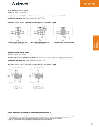 87
100Series
PatioDoor
JoiningDetails
• Rough openings may need to be increased to allow for use of building wraps, flashing, sill panning, brackets, fasteners or other items. See installation information on page 98.
• Details are for illustration only and are not intended to represent product installation methods or materials. Refer to product installation guides at andersenwindows.com.
• Structural performance of any combination is only as high as the lowest structural performance of any individual window or join in the combination.
• Contact your Andersen supplier for information on meeting wind load requirements for patio door joined combinations.
Patio Door Transom over
Patio Door Sidelight
Patio Door Transom over
Gliding Patio Door
Overall Transom/Door or Transom/Sidelight Dimension Height Sum of individual transom/door or transom/sidelight heights plus 3⁄4" (19).
Overall Minimum Rough Opening Height Overall dimension height plus 1⁄2" (13).
The addition of joining materials will affect the overall rough opening dimension. See page 98.
Horizontal (stack) Joining Details
Scale 11 ⁄2" (38) = 1'-0" (305) — 1:8
Vertical (ribbon) Joining Details
Scale 11 ⁄2" (38) = 1'-0" (305) — 1:8
Patio Door Sidelight to Patio Door SidelightPatio Door Sidelight to Gliding Patio Door
(patio door operating jamb)
Patio Door Sidelight to Gliding Patio Door
(patio door stationary jamb)
Overall Door/Door or Door/Sidelight Dimension Width Sum of individual door/door or door/sidelight widths plus 3⁄4" (19).
Overall Minimum Rough Opening Width Overall dimension width plus 3⁄4" (19).
The addition of joining materials will affect the overall rough opening dimension. See page 98.
3⁄4"
(19)
(222)
83⁄4"
3⁄4"
(19)
(222)
83⁄4"
3⁄4"
(19)
(222)
83⁄4"
3⁄4"
(19)
(222)
83⁄4"
3⁄4"
(19)
(222)
83⁄4"
For more information on joining refer to the combination designs section on page 89.
 