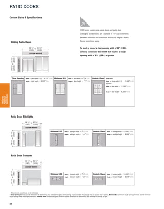 88
PATIO DOORS
100Series
PatioDoor
CustomSizes
Unobstr. Glass Single-Panel
Width = (door width ÷ 2) − 5.500" (140)
Two-Panel
Width = door width − 11.000" (279)
Height = door height − 8.250" (210)
Minimum R.O. Width = door width + 3/4" (19)
Height = door height + 1/2" (13)
Clear Opening Width = (door width ÷ 2) - 6.125" (156)
Height = door height - 3.625" (92)
CUSTOM WIDTHS
CUSTOMHEIGHTS
14 1⁄4"
(362)
47 1⁄4"
(1200)
to
791⁄2"
(2019)
951⁄2"
(2426)
to
CUSTOM WIDTHS
CUSTOMHEIGHTS
59 1⁄4"
(1505)
95 1⁄4"
(2419)
to
791⁄2"
(2019)
951⁄2"
(2426)
to
Unobstr. Glass Width = sidelight width − 8.048" (204)
Height = sidelight height − 8.048" (204)
Minimum R.O. Width = sidelight width + 3/4" (19)
Height = sidelight height + 1/2" (13)
Unobstr. Glass Width = transom width − 8.048" (204)
Height = transom height − 8.048" (204)
Minimum R.O. Width = transom width + 3/4" (19)
Height = transom height + 3/4" (19)
Gliding Patio Doors
Patio Door Sidelights
Patio Door Transoms
CUSTOM WIDTHS
CUSTOMHEIGHTS
14 1⁄4"
(362)
95 1⁄4"
(2419)
to
141⁄4"
(362)
231⁄4"
(591)
to
Custom Sizes & Specifications
100 Series custom-size patio doors and patio door
sidelights and transoms are available in 1 ⁄ 8" (3) increments
between minimum and maximum widths and heights shown.
Some restrictions apply.
To meet or exceed a clear opening width of 32" (813),
select a custom-size door width that requires a rough
opening width of 6'6" (1981) or greater.
• Dimensions in parentheses are in millimeters.
• Clear Opening formulas provide dimensions for determining area available for egress. Vent opening, or area available for passage of air, is equal to clear opening. Minimum R.O. (minimum rough opening) formulas provide minimum
rough opening width and height dimensions. Unobstr. Glass (unobstructed glass) formulas provide dimensions for determining area available for passage of light.
 