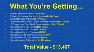 What You’re Getting…
Total Value - $13,467
• Instant Commission Secret ($497 Value)
• 6 Weeks Of Intensive, Hands On Training ($1,497 Value)
• 3 LIVE Q&A Calls With Us ($1,497 Value)
• Lifetime License to use ALL of our marketing materials ($997 Value)
• LIVE Mentorship From Two 7 Figure Marketers ($1,997 Value)
• (Bonus) Done For You Funnel ($497 Value)
• (Bonus) Done For You LIST ($997 Value)
• (Bonus) Done For You Promotion ($997)
• (Bonus) Access To Our Product Creators ($997)
• (Bonus) Access To Our Copywriters ($997)
• (Bonus) 6 Months Of Mentoring ($2,997 Value)
 