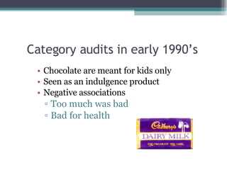 Category audits in early 1990’s Chocolate are meant for kids only Seen as an indulgence product Negative associations Too much was bad Bad for health 