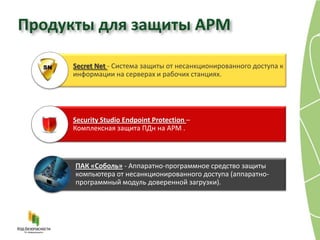 Продукты для защиты АРМ

     Secret Net - Система защиты от несанкционированного доступа к
     информации на серверах и рабочих станциях.




     Security Studio Endpoint Protection –
     Комплексная защита ПДн на АРМ .



      ПАК «Соболь» - Аппаратно-программное средство защиты
      компьютера от несанкционированного доступа (аппаратно-
      программный модуль доверенной загрузки).
 