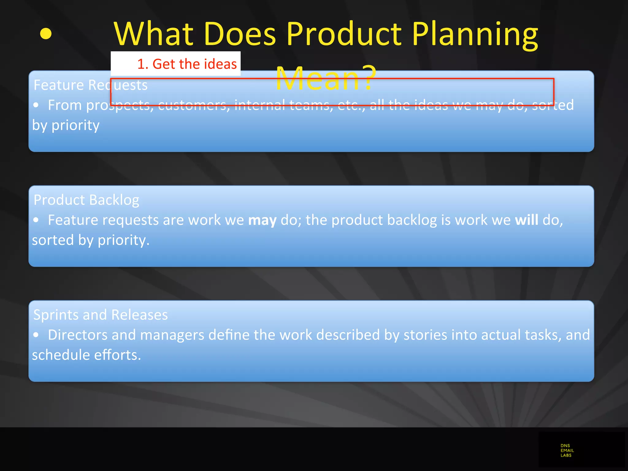 Feature	
  Requests
• From	
  prospects,	
  customers,	
  internal	
  teams,	
  etc.,	
  all	
  the	
  ideas	
  we	
  may	
  do,	
  sorted	
  
by	
  priority
Product	
  Backlog
• Feature	
  requests	
  are	
  work	
  we	
  may	
  do;	
  the	
  product	
  backlog	
  is	
  work	
  we	
  will	
  do,	
  
sorted	
  by	
  priority.
Sprints	
  and	
  Releases
• Directors	
  and	
  managers	
  deﬁne	
  the	
  work	
  described	
  by	
  stories	
  into	
  actual	
  tasks,	
  and	
  
schedule	
  eﬀorts.
• What	
  Does	
  Product	
  Planning	
  
Mean?
1.	
  Get	
  the	
  ideas
 