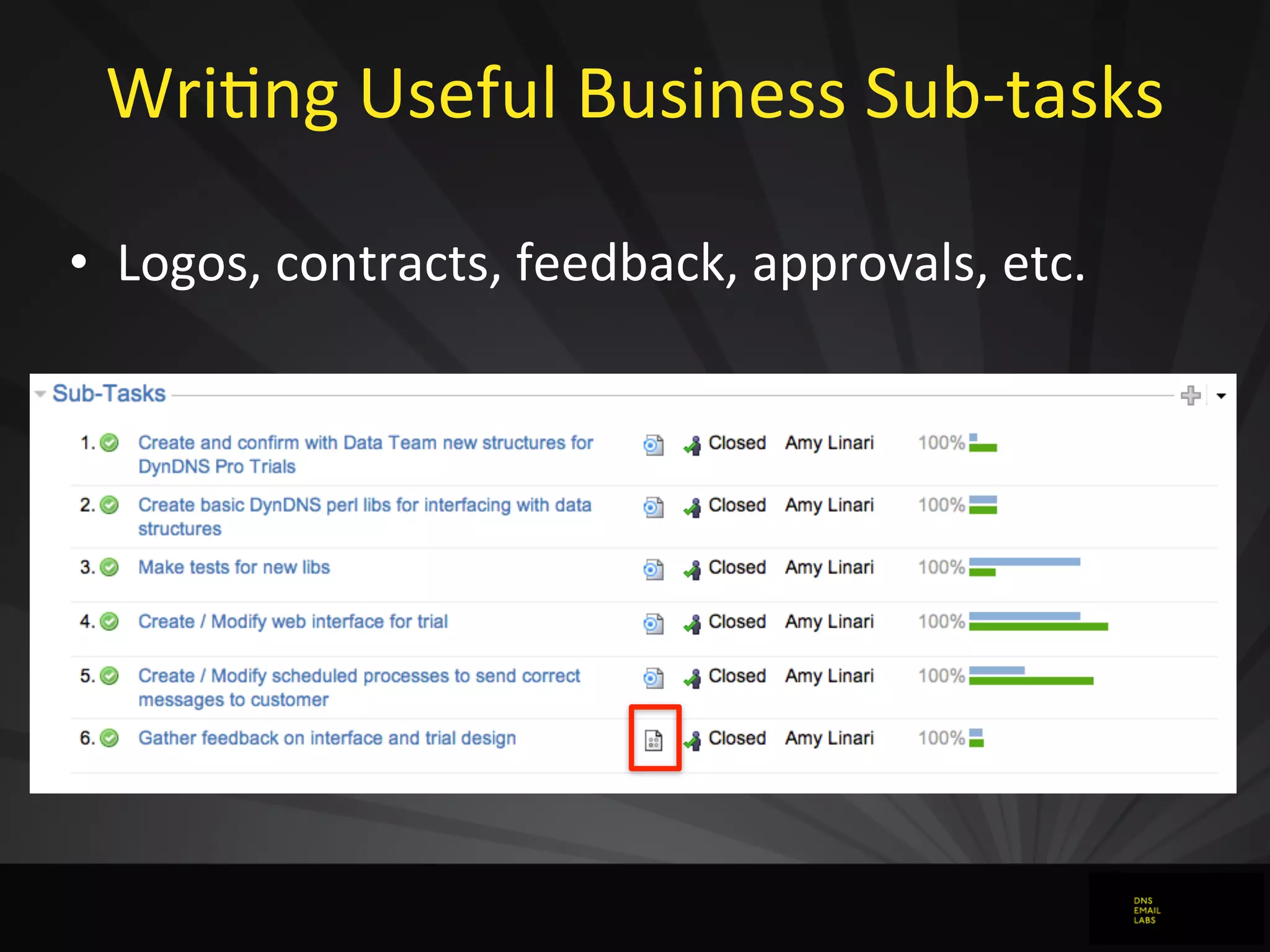 WriJng	
  Useful	
  Business	
  Sub-­‐tasks	
  
• Logos,	
  contracts,	
  feedback,	
  approvals,	
  etc.
 