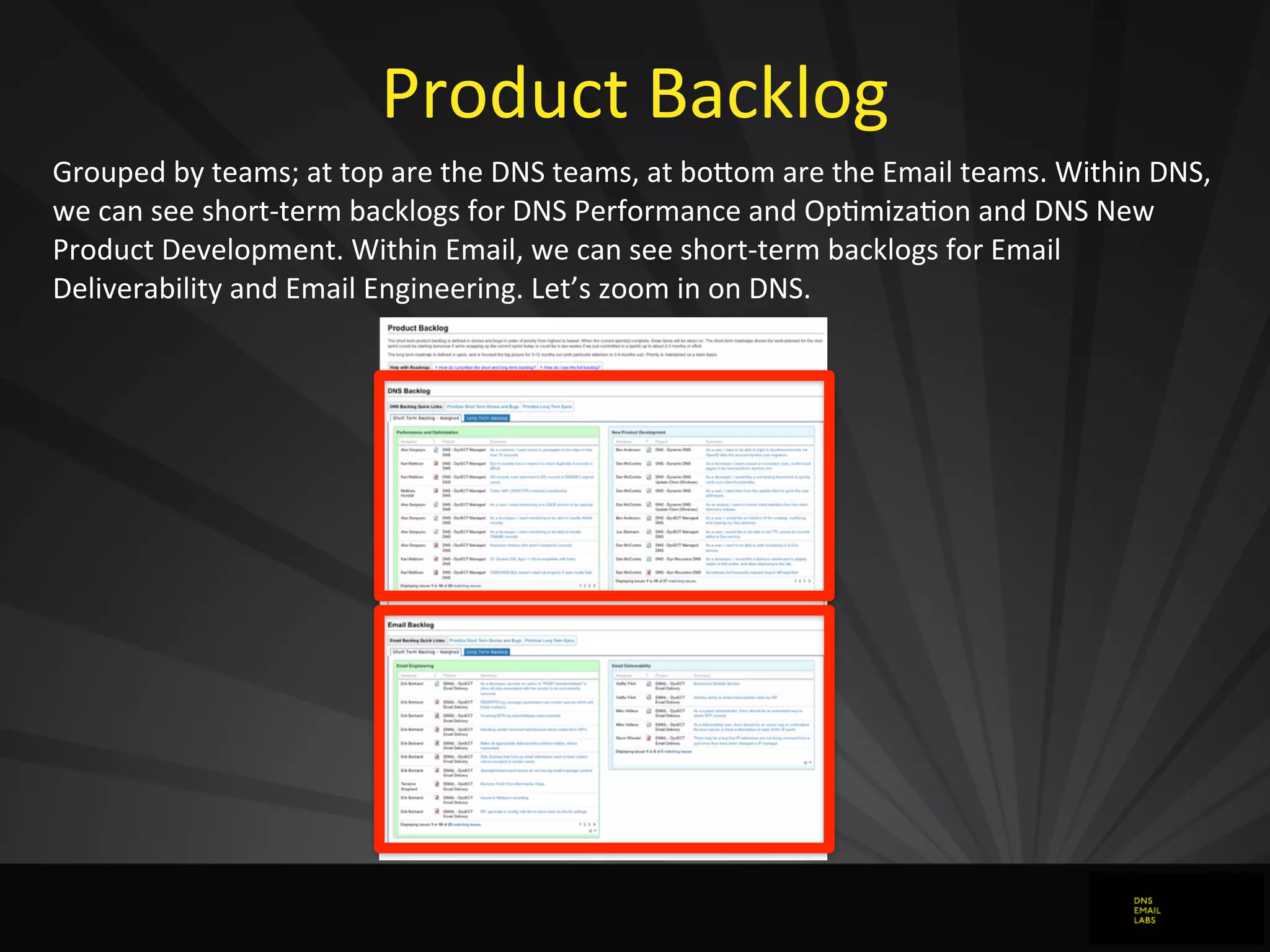 Product	
  Backlog
Grouped	
  by	
  teams;	
  at	
  top	
  are	
  the	
  DNS	
  teams,	
  at	
  bojom	
  are	
  the	
  Email	
  teams.	
  Within	
  DNS,	
  
we	
  can	
  see	
  short-­‐term	
  backlogs	
  for	
  DNS	
  Performance	
  and	
  Op0miza0on	
  and	
  DNS	
  New	
  
Product	
  Development.	
  Within	
  Email,	
  we	
  can	
  see	
  short-­‐term	
  backlogs	
  for	
  Email	
  
Deliverability	
  and	
  Email	
  Engineering.	
  Let’s	
  zoom	
  in	
  on	
  DNS.
 