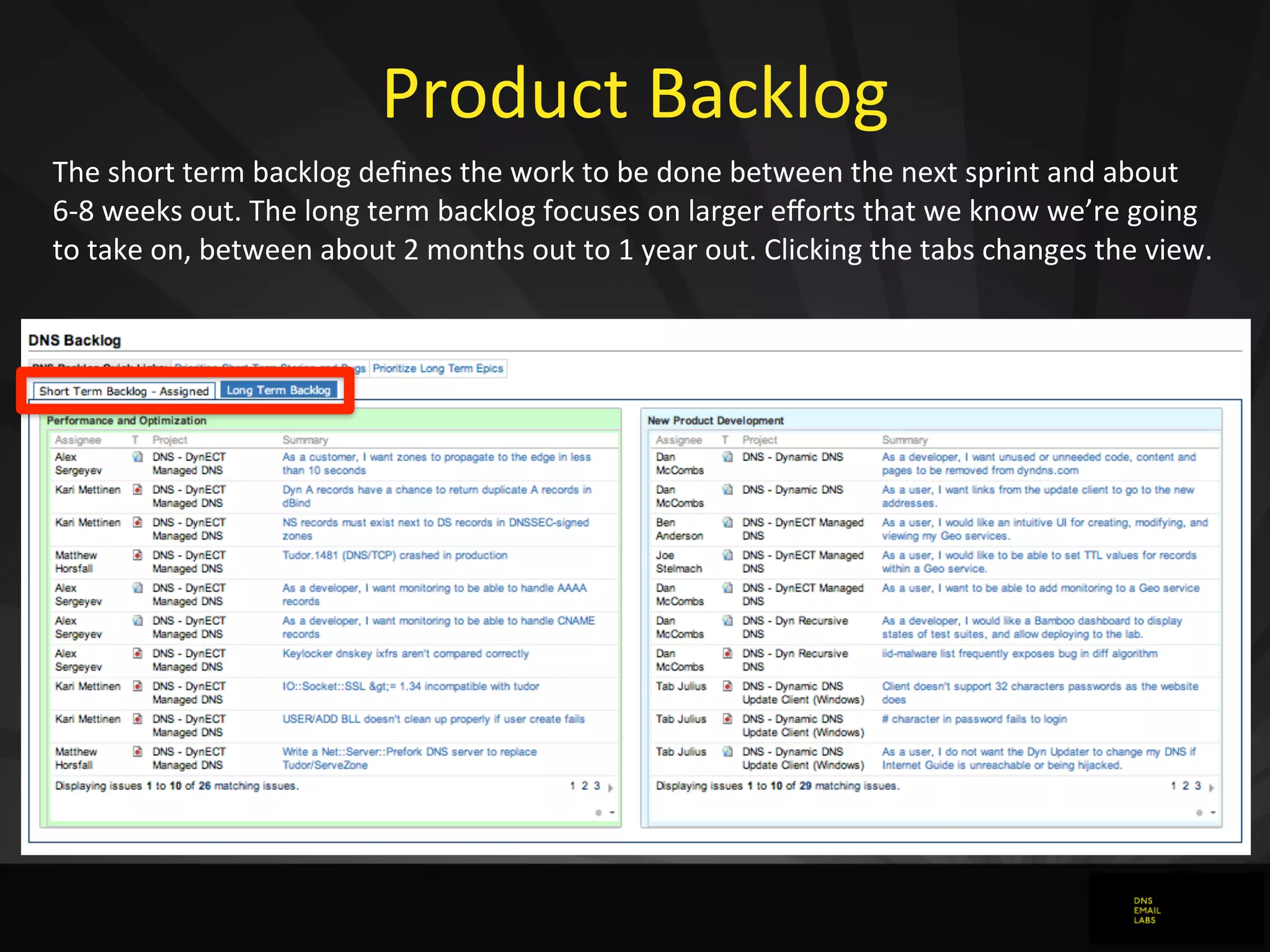 Product	
  Backlog
The	
  short	
  term	
  backlog	
  deﬁnes	
  the	
  work	
  to	
  be	
  done	
  between	
  the	
  next	
  sprint	
  and	
  about	
  
6-­‐8	
  weeks	
  out.	
  The	
  long	
  term	
  backlog	
  focuses	
  on	
  larger	
  eﬀorts	
  that	
  we	
  know	
  we’re	
  going	
  
to	
  take	
  on,	
  between	
  about	
  2	
  months	
  out	
  to	
  1	
  year	
  out.	
  Clicking	
  the	
  tabs	
  changes	
  the	
  view.
 