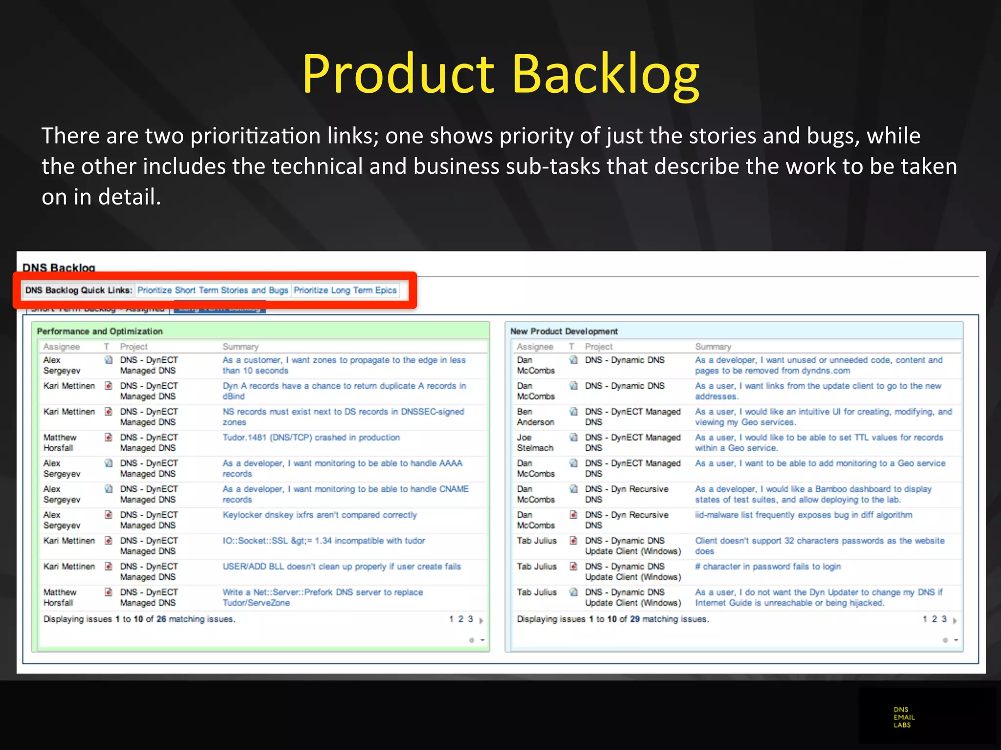 Product	
  Backlog
There	
  are	
  two	
  priori0za0on	
  links;	
  one	
  shows	
  priority	
  of	
  just	
  the	
  stories	
  and	
  bugs,	
  while	
  
the	
  other	
  includes	
  the	
  technical	
  and	
  business	
  sub-­‐tasks	
  that	
  describe	
  the	
  work	
  to	
  be	
  taken	
  
on	
  in	
  detail.
 