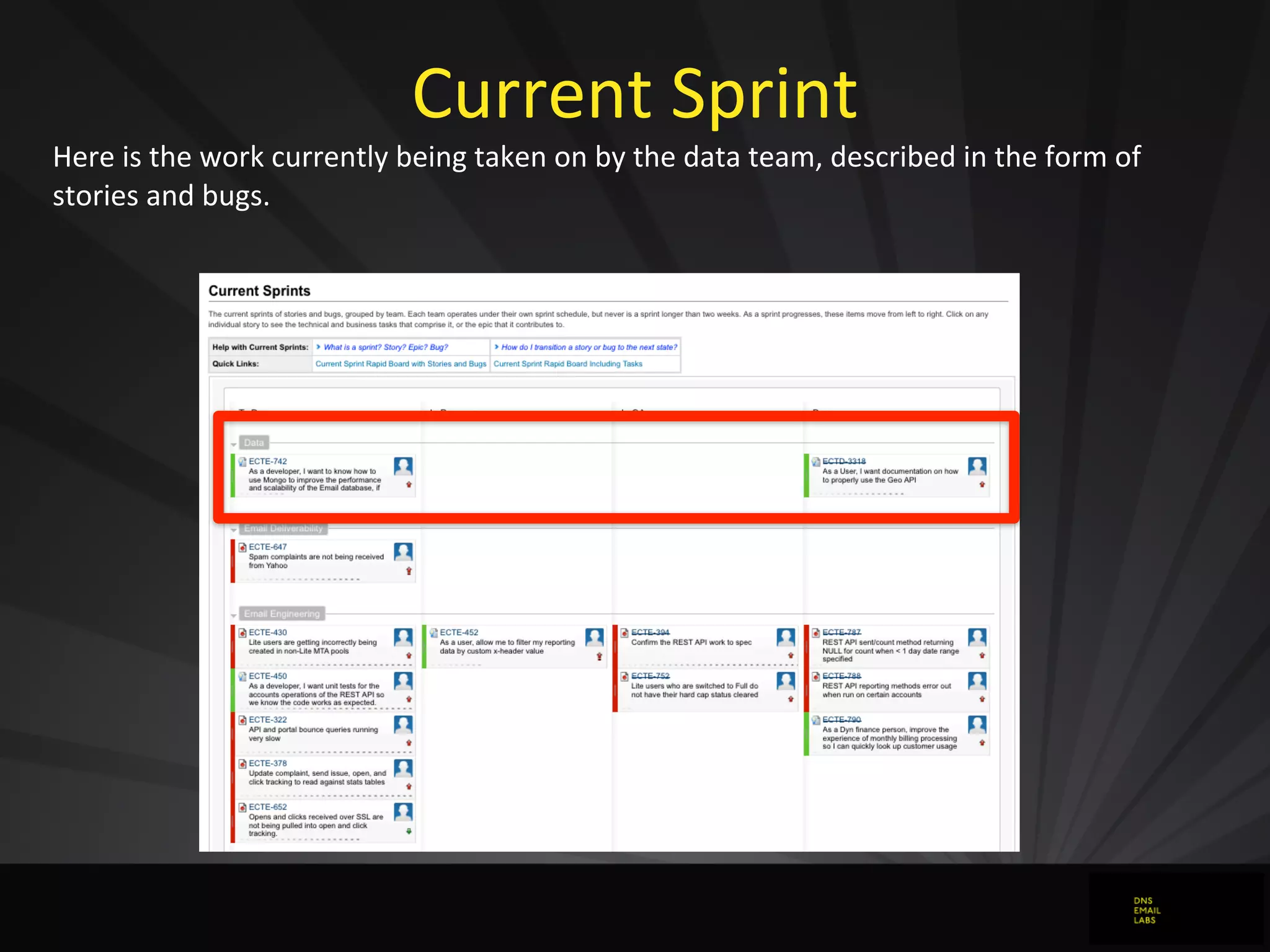 Current	
  Sprint
Here	
  is	
  the	
  work	
  currently	
  being	
  taken	
  on	
  by	
  the	
  data	
  team,	
  described	
  in	
  the	
  form	
  of	
  
stories	
  and	
  bugs.
 