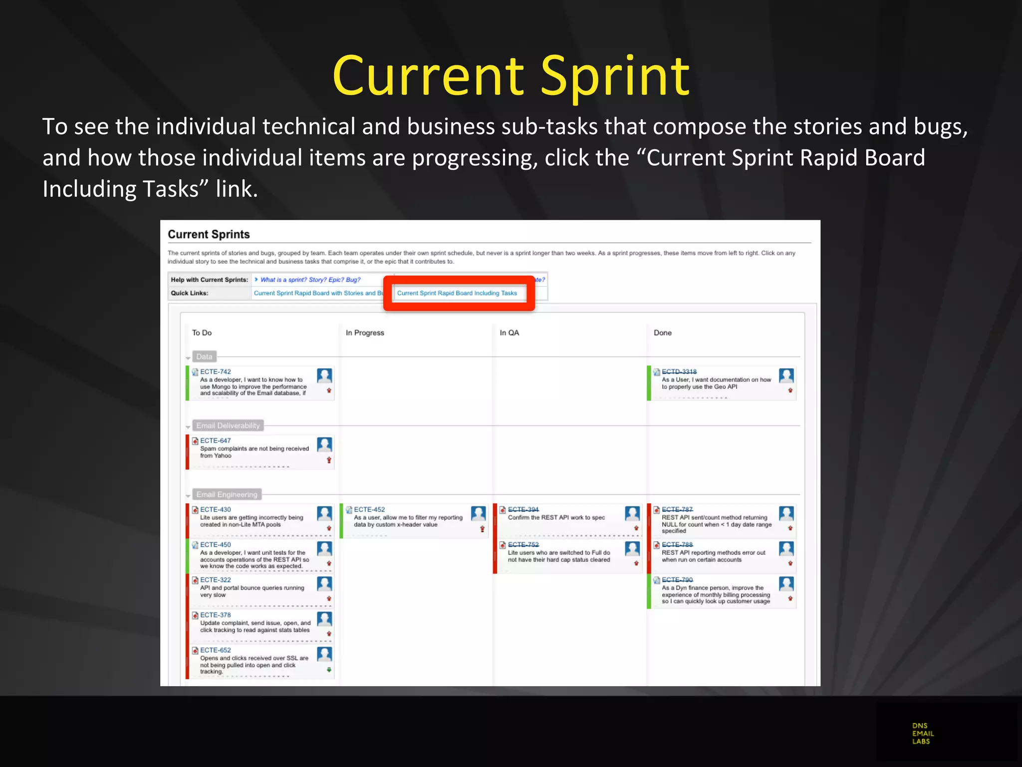 Current	
  Sprint
To	
  see	
  the	
  individual	
  technical	
  and	
  business	
  sub-­‐tasks	
  that	
  compose	
  the	
  stories	
  and	
  bugs,	
  
and	
  how	
  those	
  individual	
  items	
  are	
  progressing,	
  click	
  the	
  “Current	
  Sprint	
  Rapid	
  Board	
  
Including	
  Tasks”	
  link.
 