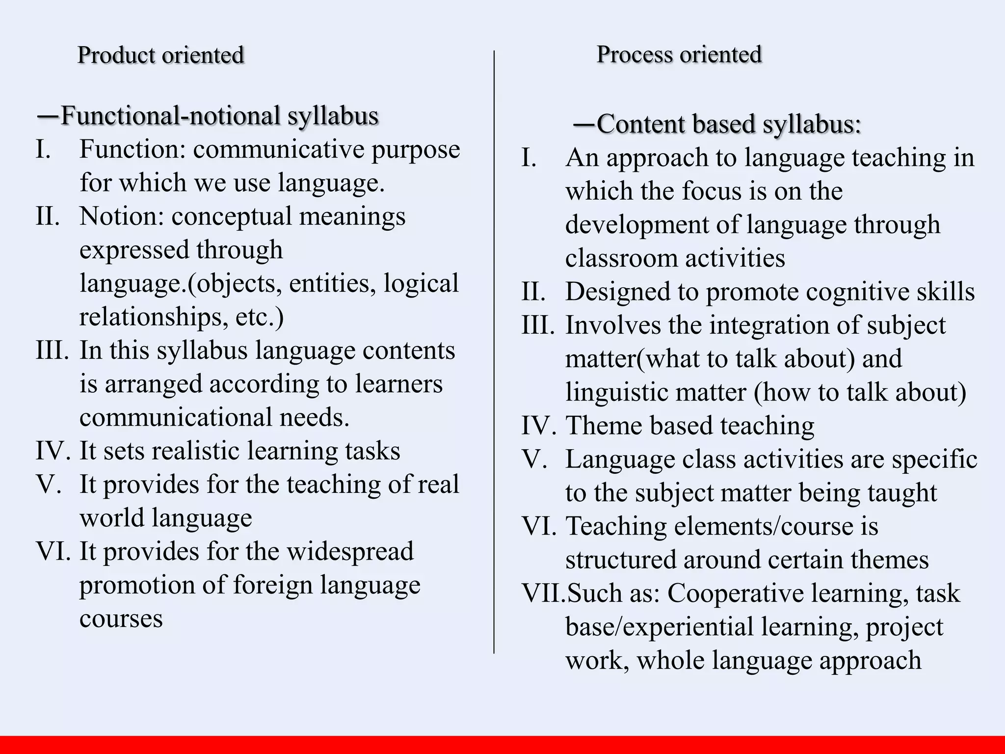 —Functional-notional syllabus
I. Function: communicative purpose
for which we use language.
II. Notion: conceptual meanings
expressed through
language.(objects, entities, logical
relationships, etc.)
III. In this syllabus language contents
is arranged according to learners
communicational needs.
IV. It sets realistic learning tasks
V. It provides for the teaching of real
world language
VI. It provides for the widespread
promotion of foreign language
courses
—Content based syllabus:
I. An approach to language teaching in
which the focus is on the
development of language through
classroom activities
II. Designed to promote cognitive skills
III. Involves the integration of subject
matter(what to talk about) and
linguistic matter (how to talk about)
IV. Theme based teaching
V. Language class activities are specific
to the subject matter being taught
VI. Teaching elements/course is
structured around certain themes
VII.Such as: Cooperative learning, task
base/experiential learning, project
work, whole language approach
Product oriented Process oriented
 
