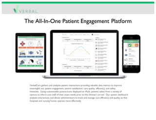  
	
  
	
  

The All-In-One Patient Engagement Platform

VerbalCare gathers and analyzes patient interactions providing valuable data metrics to improve
meaningful use, patient engagement, patient satisfaction, care quality, efficiency, and safety
initiatives. Using customizable picture-icons displayed on iPads, patients select from a variety of
options to inform care staff of their exact needs prior to the clinician’s arrival. Our system dashboard
analyzes interactions and allows administrators to track and manage care efficiency and quality so that
hospitals and nursing homes operate more effectively.
	
  

 