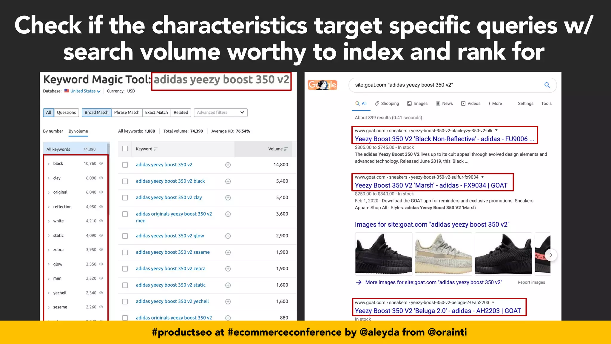 #productseo at #ecommerceconference by @aleyda from @orainti
#productseo at #ecommerceconference by @aleyda from @orainti
Check if the characteristics target specific queries w/
search volume worthy to index and rank for
 