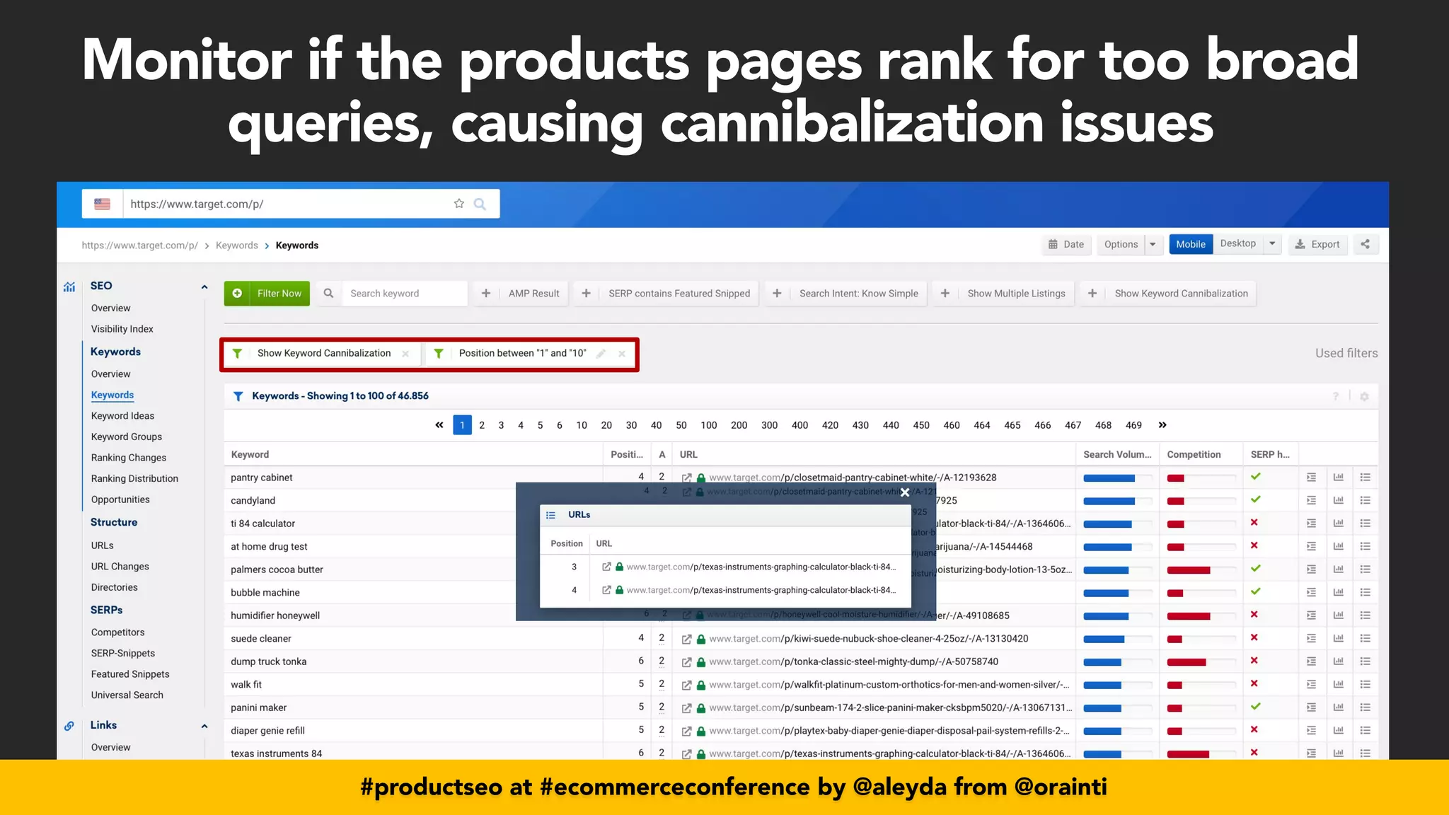 #productseo at #ecommerceconference by @aleyda from @orainti
#productseo at #ecommerceconference by @aleyda from @orainti
Monitor if the products pages rank for too broad
queries, causing cannibalization issues
 
