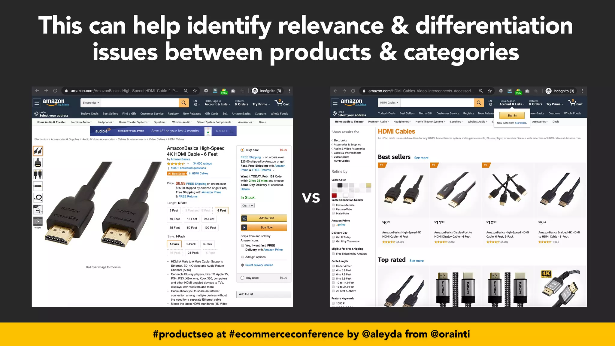 #productseo at #ecommerceconference by @aleyda from @orainti
vs
#productseo at #ecommerceconference by @aleyda from @orainti
This can help identify relevance & differentiation
issues between products & categories
 