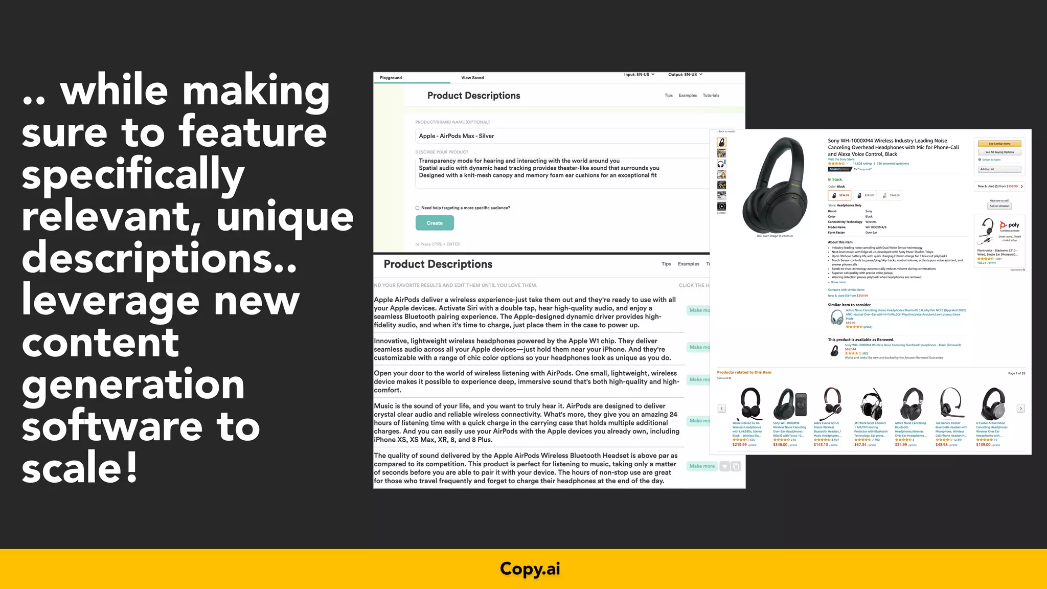 #productseo at #ecommerceconference by @aleyda from @orainti
Copy.ai
.. while making
sure to feature
specifically
relevant, unique
descriptions..
leverage new
content
generation
software to
scale!
 