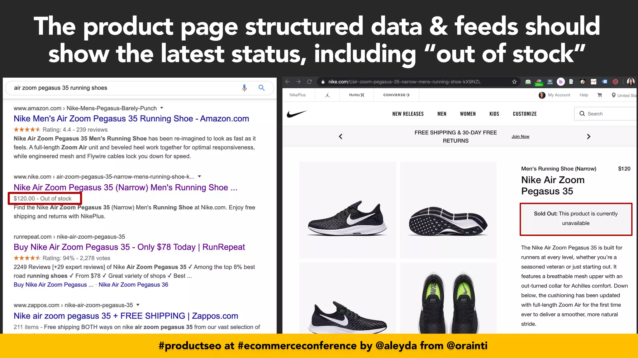 #productseo at #ecommerceconference by @aleyda from @orainti
#productseo at #ecommerceconference by @aleyda from @orainti
The product page structured data & feeds should
 
show the latest status, including “out of stock”
 
