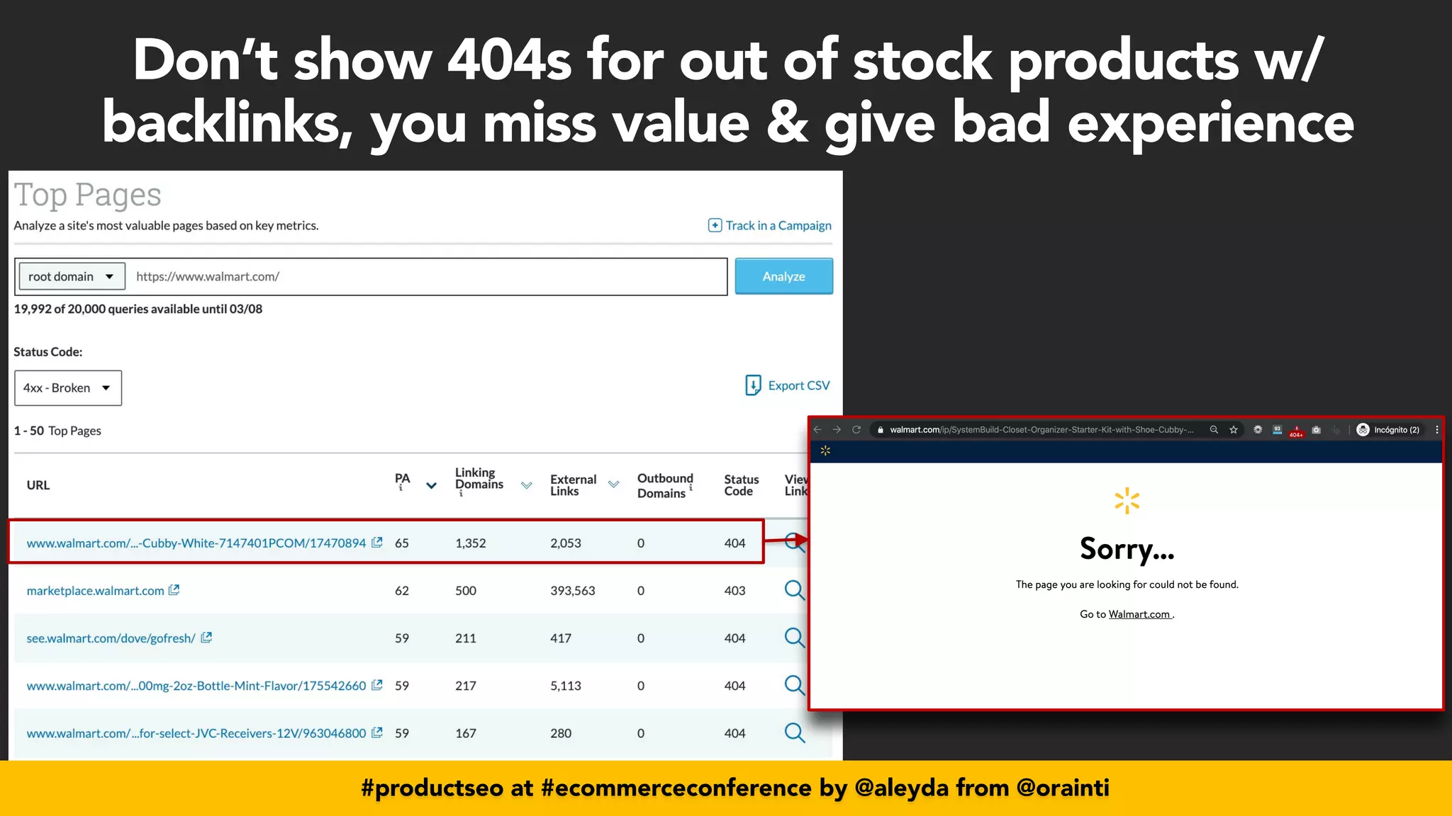 #productseo at #ecommerceconference by @aleyda from @orainti
#productseo at #ecommerceconference by @aleyda from @orainti
Don’t show 404s for out of stock products w/
backlinks, you miss value & give bad experience
 