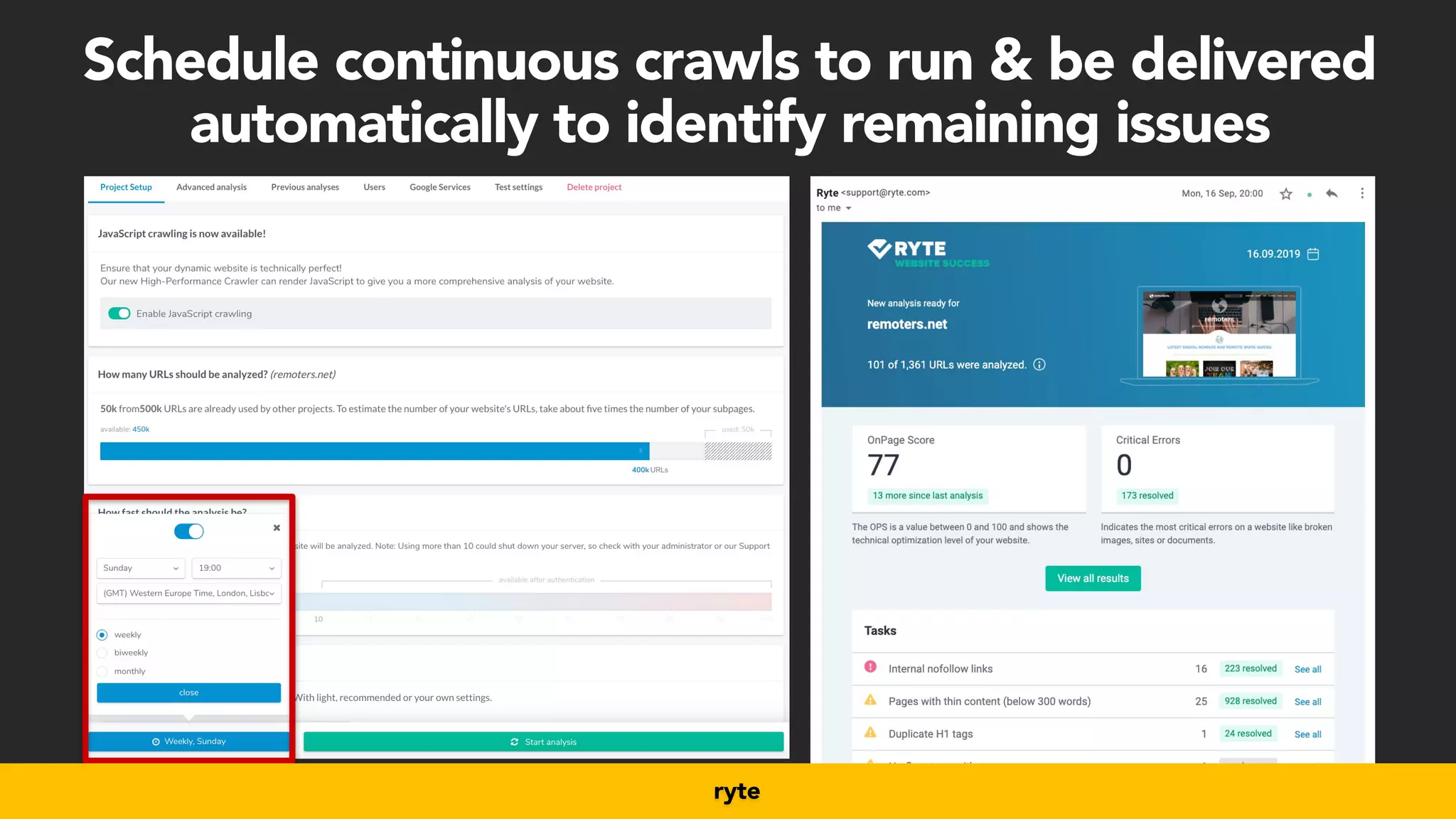 #productseo at #ecommerceconference by @aleyda from @orainti
ryte
Schedule continuous crawls to run & be delivered
automatically to identify remaining issues
 