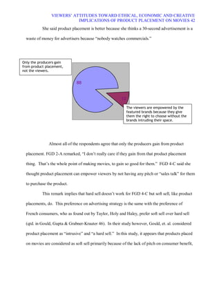 VIEWERS¶ ATTITUDES TOWARD ETHICAL, ECONOMIC AND CREATIVE
                            IMPLICATIONS OF PRODUCT PLACEMENT ON MOVIES 42
           She said product placement is better because she thinks a 30-second advertisement is a

  waste of money for advertisers because ³nobody watches commercials.´




Only the producers gain
from product placement,
not the viewers.


                               88


                                                          12

                                                               The viewers are empowered by the
                                                               featured brands because they give
                                                               them the right to choose without the
                                                               brands intruding their space.




               Almost all of the respondents agree that only the producers gain from product

  placement. FGD 2-A remarked, ³I don¶t really care if they gain from that product placement

  thing. That¶s the whole point of making movies, to gain so good for them.´ FGD 4-C said she

  thought product placement can empower viewers by not having any pitch or ³sales talk´ for them

  to purchase the product.

           This remark implies that hard sell doesn¶t work for FGD 4-C but soft sell, like product

  placements, do. This preference on advertising strategy is the same with the preference of

  French consumers, who as found out by Taylor, Holy and Haley, prefer soft sell over hard sell

  (qtd. in Gould, Gupta & Grabner-Krauter 46). In their study however, Gould, et. al. considered

  product placement as ³intrusive´ and ³a hard sell.´ In this study, it appears that products placed

  on movies are considered as soft sell primarily because of the lack of pitch on consumer benefit,
 