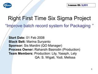0
Right First Time Six Sigma Project
“Improve batch record system for Packaging ”
Start Date: 01 Feb 2008
Black Belt: Marina Suryanto
Sponsor: Sis Mardini (QO Manager)
Process Owner: Raharsih Basrodin (Production)
Team Members: Production: Lily, Yaseph, Lely
QA: S. Wigati, Yodi, Melissa
I-nexus ID: 3,031
 