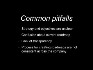 Common pitfalls
• Strategy and objectives are unclear
• Confusion about current roadmap
• Lack of transparency
• Process for creating roadmaps are not
consistent across the company
 