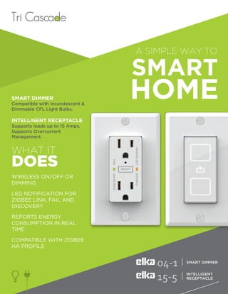A SIMPLE WAY TO




SMART DIMMER
Compatible with Incandescent &
Dimmable CFL Light Bulbs.

INTELLIGENT RECEPTACLE
Supports loads up to 15 Amps.
Supports Overcurrent
Management.


WHAT IT
DOES
WIRELESS ON/OFF OR
DIMMING

LED NOTIFICATION FOR
ZIGBEE LINK, FAIL AND
DISCOVERY

REPORTS ENERGY
CONSUMPTION IN REAL
TIME

COMPATIBLE WITH ZIGBEE
HA PROFILE


                                          SMART DIMMER


                                          INTELLIGENT
                                          RECEPTACLE
 