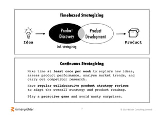 7 © 2019 Pichler Consulting Limited
ProductIdea
Product
Discovery
incl. strategizing
Timeboxed Strategizing
Continuous Strategizing
Make time at least once per week to explore new ideas,
assess product performance, analyse market trends, and
carry out competitor research.
Have regular collaborative product strategy reviews
to adapt the overall strategy and product roadmap.
Play a proactive game and avoid nasty surprises.
Product
Development
 