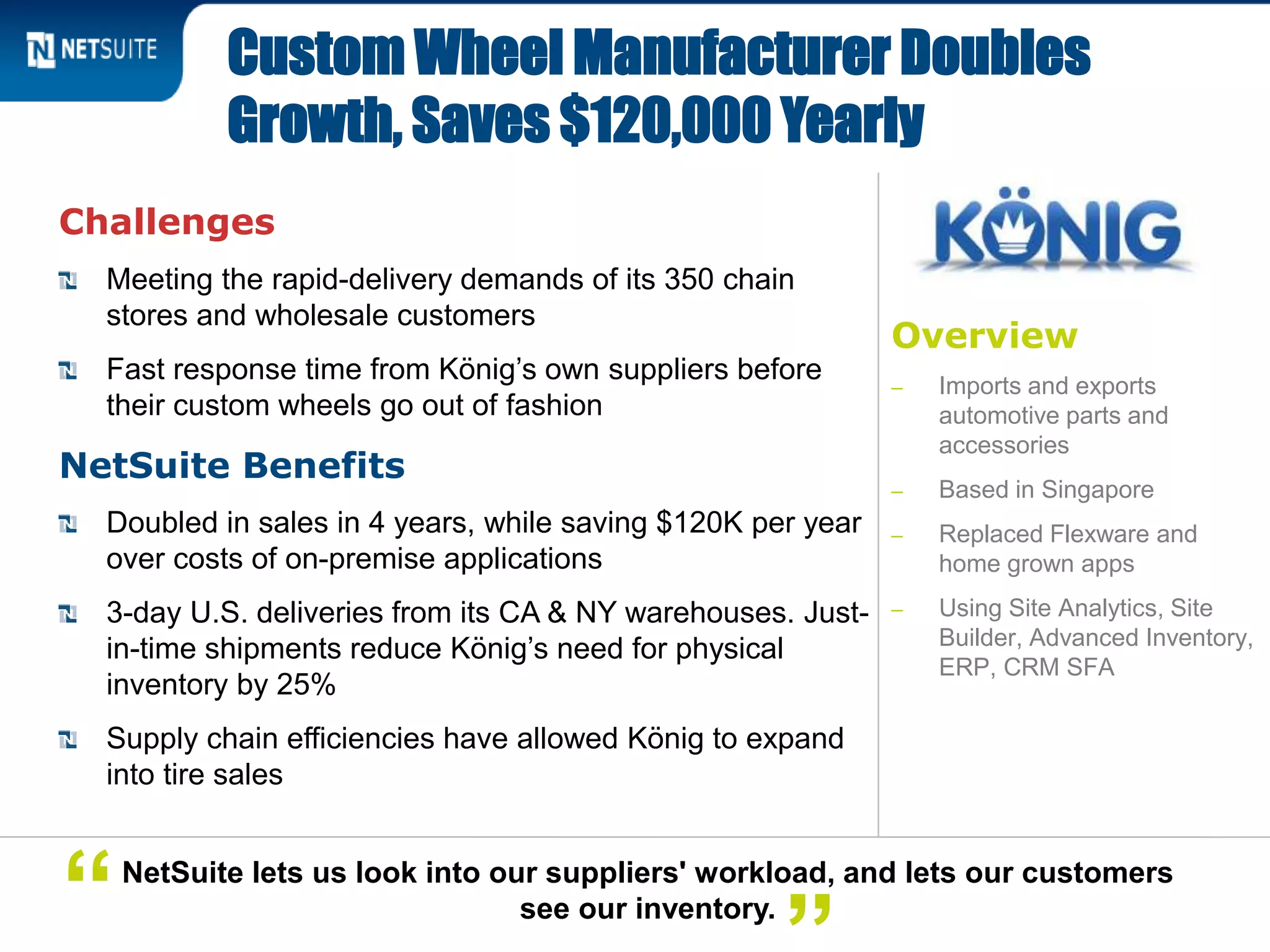 Overview
‒ Imports and exports
automotive parts and
accessories
‒ Based in Singapore
‒ Replaced Flexware and
home grown apps
‒ Using Site Analytics, Site
Builder, Advanced Inventory,
ERP, CRM SFA
Challenges
Meeting the rapid-delivery demands of its 350 chain
stores and wholesale customers
Fast response time from König’s own suppliers before
their custom wheels go out of fashion
NetSuite Benefits
Doubled in sales in 4 years, while saving $120K per year
over costs of on-premise applications
3-day U.S. deliveries from its CA & NY warehouses. Just-
in-time shipments reduce König’s need for physical
inventory by 25%
Supply chain efficiencies have allowed König to expand
into tire sales
Custom Wheel Manufacturer Doubles
Growth, Saves $120,000 Yearly
NetSuite lets us look into our suppliers' workload, and lets our customers
see our inventory.“
 