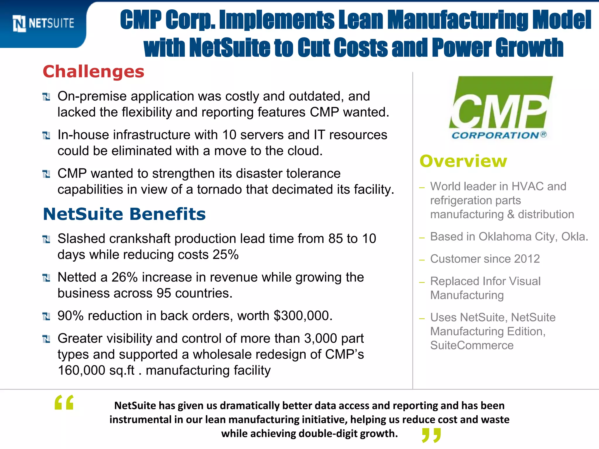 Overview
– World leader in HVAC and
refrigeration parts
manufacturing & distribution
– Based in Oklahoma City, Okla.
– Customer since 2012
– Replaced Infor Visual
Manufacturing
– Uses NetSuite, NetSuite
Manufacturing Edition,
SuiteCommerce
Challenges
On-premise application was costly and outdated, and
lacked the flexibility and reporting features CMP wanted.
In-house infrastructure with 10 servers and IT resources
could be eliminated with a move to the cloud.
CMP wanted to strengthen its disaster tolerance
capabilities in view of a tornado that decimated its facility.
NetSuite Benefits
Slashed crankshaft production lead time from 85 to 10
days while reducing costs 25%
Netted a 26% increase in revenue while growing the
business across 95 countries.
90% reduction in back orders, worth $300,000.
Greater visibility and control of more than 3,000 part
types and supported a wholesale redesign of CMP’s
160,000 sq.ft . manufacturing facility
CMP Corp. Implements Lean Manufacturing Model
with NetSuite to Cut Costs and Power Growth
NetSuite has given us dramatically better data access and reporting and has been
instrumental in our lean manufacturing initiative, helping us reduce cost and waste
while achieving double-digit growth.
“
 