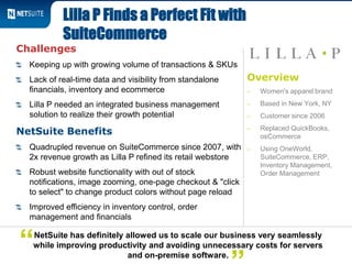 Overview
‒ Women's apparel brand
‒ Based in New York, NY
‒ Customer since 2006
‒ Replaced QuickBooks,
osCommerce
‒ Using OneWorld,
SuiteCommerce, ERP,
Inventory Management,
Order Management
Challenges
Keeping up with growing volume of transactions & SKUs
Lack of real-time data and visibility from standalone
financials, inventory and ecommerce
Lilla P needed an integrated business management
solution to realize their growth potential
NetSuite Benefits
Quadrupled revenue on SuiteCommerce since 2007, with
2x revenue growth as Lilla P refined its retail webstore
Robust website functionality with out of stock
notifications, image zooming, one-page checkout & "click
to select" to change product colors without page reload
Improved efficiency in inventory control, order
management and financials
Lilla P Finds a Perfect Fit with
SuiteCommerce
NetSuite has definitely allowed us to scale our business very seamlessly
while improving productivity and avoiding unnecessary costs for servers
and on-premise software.
“
 
