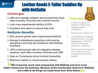 Overview
– E-tailer of rugged and
distinctive leather bags,
luggage, wallets,
accessories
– Based in San Antonio, TX
– Using NetSuite OneWorld,
SuiteCommerce, Inventory
Management, Financials,
CRM, Warehousing /
Distribution, Marketing
– Switched from QuickBooks,
Excel, Salesforce.com,
homegrown ecommerce
website
Challenges
Difficult to manage webstore disconnected from back-
office inventory, financials and customer records
Lack cross-departmental visibility of KPIs
Excessive time spent on manual data entry
NetSuite Benefits
50% revenue growth since implementing NetSuite
Manage 5 subsidiaries supporting multi-currency
transactions and local tax compliance with NetSuite
OneWorld
100% e-tail business with full integration between
webstore, back-office inventory, financials and CRM
Save on 2 employees doing inventory forecasting
Real-time visibility on critical business metrics
Leather Goods E-Tailer Saddles Up
with NetSuite
We've become much more empowered with NetSuite and have much
better control over the business. Because of the functionality inherent in NetSuite,
we're able to do things we could never have done before.
“
 