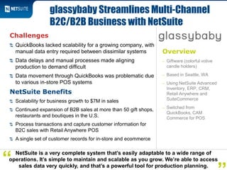 Overview
– Giftware (colorful votive
candle holders)
– Based in Seattle, WA
– Using NetSuite Advanced
Inventory, ERP, CRM,
Retail Anywhere and
SuiteCommerce
– Switched from
QuickBooks, CAM
Commerce for POS
Challenges
QuickBooks lacked scalability for a growing company, with
manual data entry required between dissimilar systems
Data delays and manual processes made aligning
production to demand difficult
Data movement through QuickBooks was problematic due
to various in-store POS systems
NetSuite Benefits
Scalability for business growth to $7M in sales
Continued expansion of B2B sales at more than 50 gift shops,
restaurants and boutiques in the U.S.
Process transactions and capture customer information for
B2C sales with Retail Anywhere POS
A single set of customer records for in-store and ecommerce
glassybaby Streamlines Multi-Channel
B2C/B2B Business with NetSuite
NetSuite is a very complete system that’s easily adaptable to a wide range of
operations. It’s simple to maintain and scalable as you grow. We’re able to access
sales data very quickly, and that’s a powerful tool for production planning.
“
 