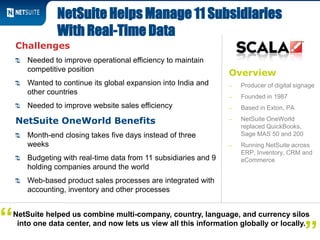 Overview
‒ Producer of digital signage
‒ Founded in 1987
‒ Based in Exton, PA
‒ NetSuite OneWorld
replaced QuickBooks,
Sage MAS 50 and 200
‒ Running NetSuite across
ERP, Inventory, CRM and
eCommerce
Challenges
Needed to improve operational efficiency to maintain
competitive position
Wanted to continue its global expansion into India and
other countries
Needed to improve website sales efficiency
NetSuite OneWorld Benefits
Month-end closing takes five days instead of three
weeks
Budgeting with real-time data from 11 subsidiaries and 9
holding companies around the world
Web-based product sales processes are integrated with
accounting, inventory and other processes
NetSuite Helps Manage 11 Subsidiaries
With Real-Time Data
NetSuite helped us combine multi-company, country, language, and currency silos
into one data center, and now lets us view all this information globally or locally.“
 