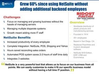 Overview
‒ Worldwide distributor of
plastic products and
manufacturing services
‒ Founded in 1914
‒ 40+ employees
‒ Based in San Diego, CA
‒ Replaced Peachtree and
Custom developed
software
‒ NetSuite W/D Edition,
ERP, CRM and
Ecommerce
Challenges
Focus on managing and growing business without the
hassle of managing servers
Managing multiple disparate systems
Growth meant adding more IT staff
NetSuite Benefits
Increased productivity of every employee
Complete Integration: NetSuite, POS, Shipping and Yahoo
Hours saved reconciling sales orders
Automated POS system saves 2-3 hours of staff time daily
Integrates 3 websites
Grew 60% since using NetSuite without
adding additional backend employees
NetSuite is a very powerful tool that allows us to focus on our business from all
points. We can easily customize to make it fit our specific business model
without having a full time IT position.
“
 