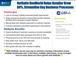 Overview
– Plex Pty Ltd.
– Based in Stanmore NSW,
Australia
– Using NetSuite
SuiteCommerce, and
Advanced Inventory
– Switched from MYOB
– Partners with OnSite
Challenges
Lack of inventory visibility prevented growth opportunities
Order processing slowed by manual data transfers between
MYOB and the company's custom Website
Manual data entry delayed responses to customer inquiries
Inventory slowdowns prevented expanding on new products
NetSuite Benefits
Instant handling of customers inquiries on product availability
Cart-abandonment rates decreased from 25% to 10%
Processing time cut by 75% from time-of-order to shipping
Ship orders from 150 to over 600 daily
Increase inventory turnover by 30%
60% growth with only 10% increase in staffing
NetSuite OneWorld Helps Retailer Grow
60%, Streamline Key Business Processes
With NetSuite, we can now rely on real-time inventory information across
multiple warehouses and, in the future, multiple retail stores, so we no longer
have to worry about our future growth with NetSuite.
“
 